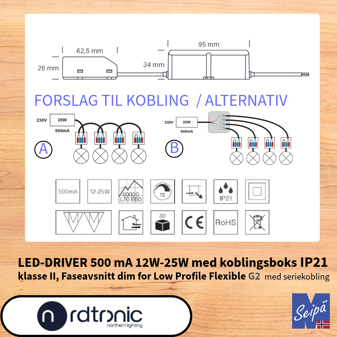 NORDTRONIC LED-DRIVER CC 500mA IP20 25W for LOW PROFILE FLEXIBLE G2 innendørs og utendørs Art.nr. 98544040 ELNR 4500203