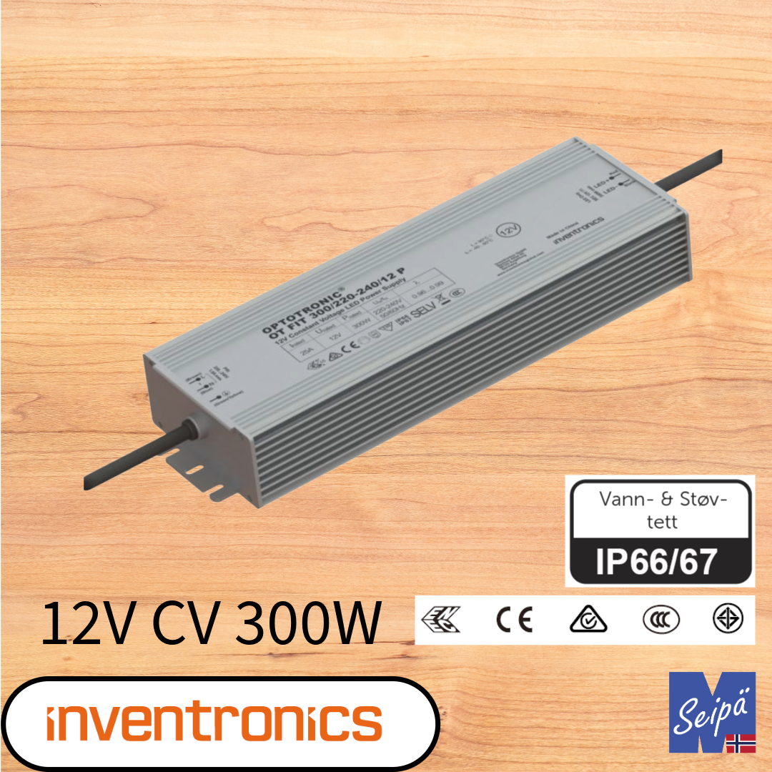 INVENTRONICS LED-DRIVER CV 12V IP66/IP67 30W 60W 150W 300W innendørs og utendørs