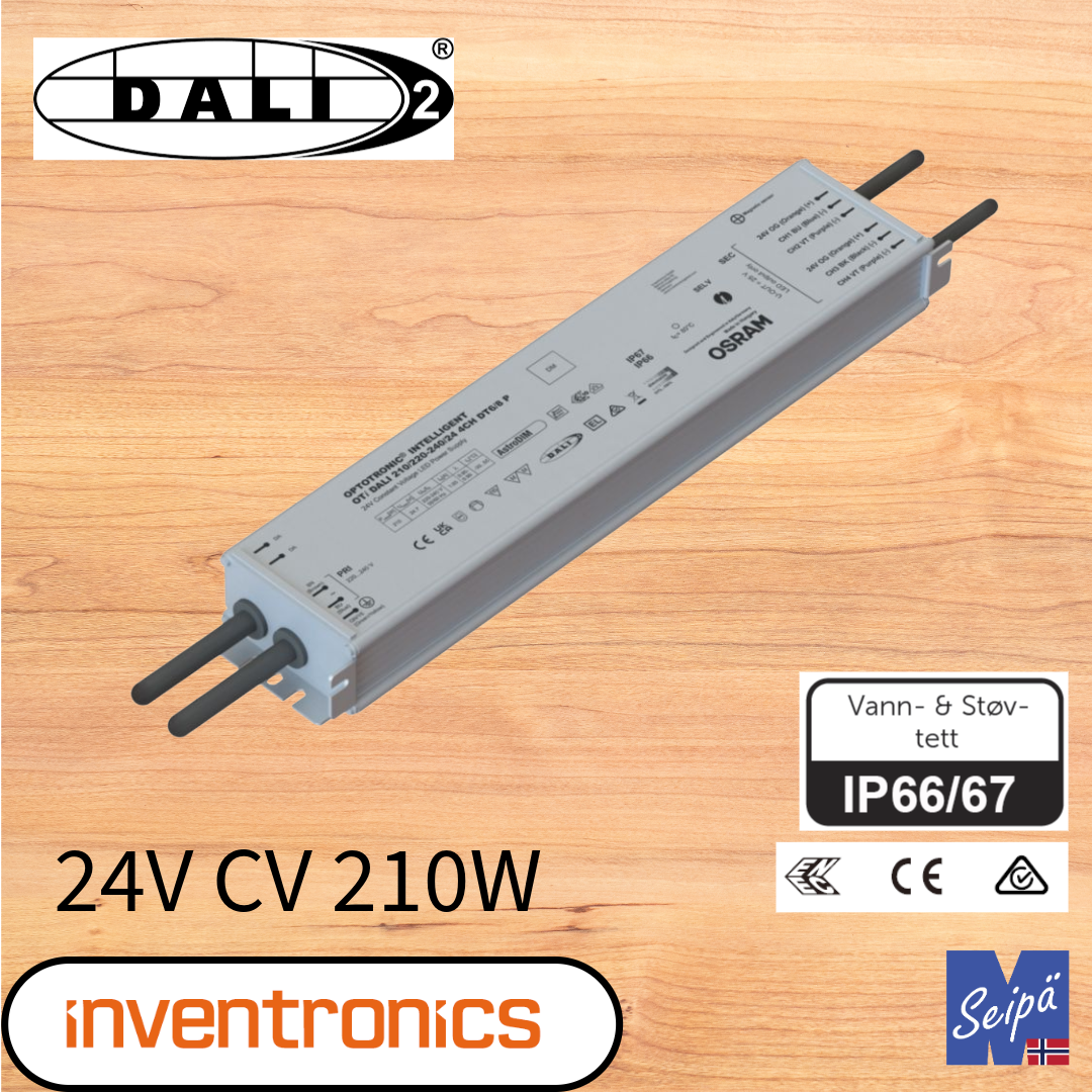 INVENTRONICS LED-DRIVER CV 24V DALI-2 IP66/IP67 100W 210W OPTOTRONIC® 4-kanals DT6 & DT8 Intelligent  innendørs og utendørs
