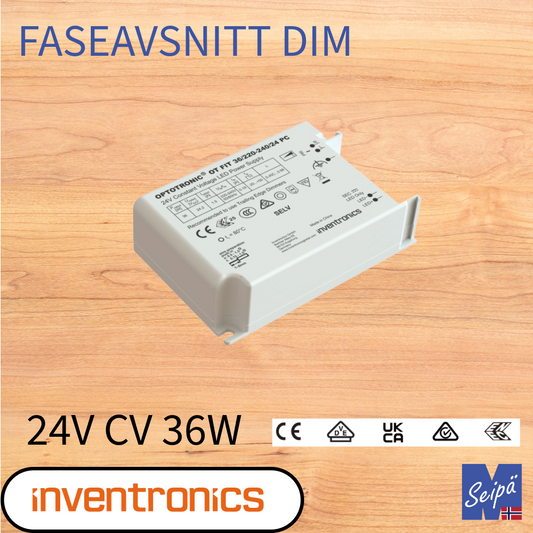 INVENTRONICS LED-DRIVER Fasedim CV 24V IP20 36W 75W 150W innendørs