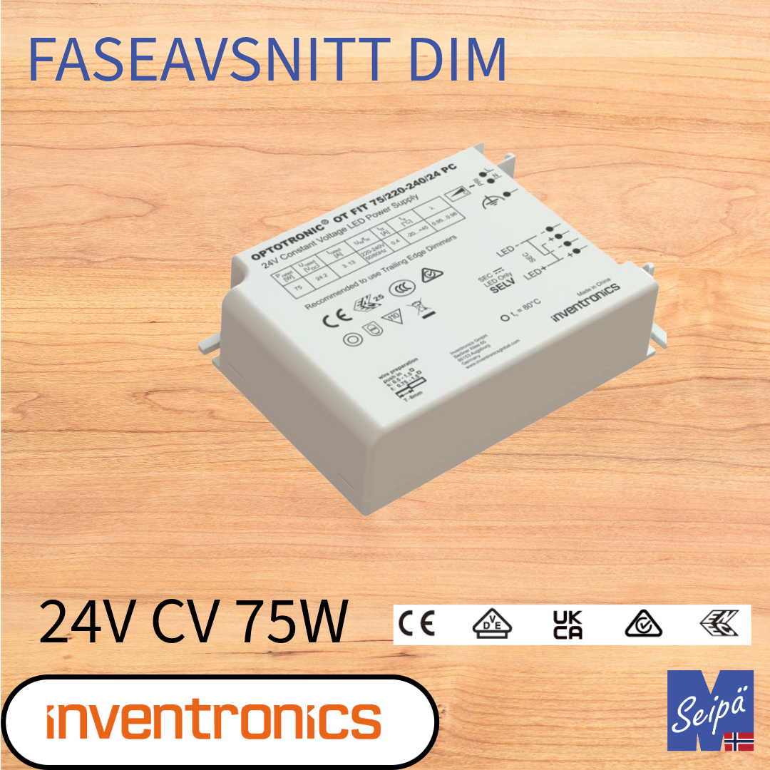 INVENTRONICS LED-DRIVER Fasedim CV 24V IP20 36W 75W 150W innendørs