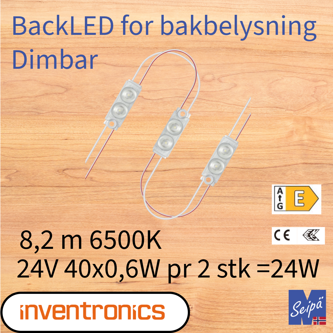 INVENTRONICS LED-MODUL BACKLED 24V IP66 24W 6500K 2x0,6W 83 lm 155° 40 LED 8,2 m bakbelysning lyskilt m.m.