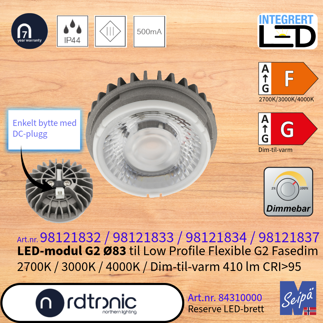 NORDTRONIC LED-lyskilde reserve DC 500mA 5W 36°, LED og 50.000 timer 7 års garanti Dim-til-varm 2700K 3000K 4000K DtV Art.nr. 98121832-98121833-98121834-98121837