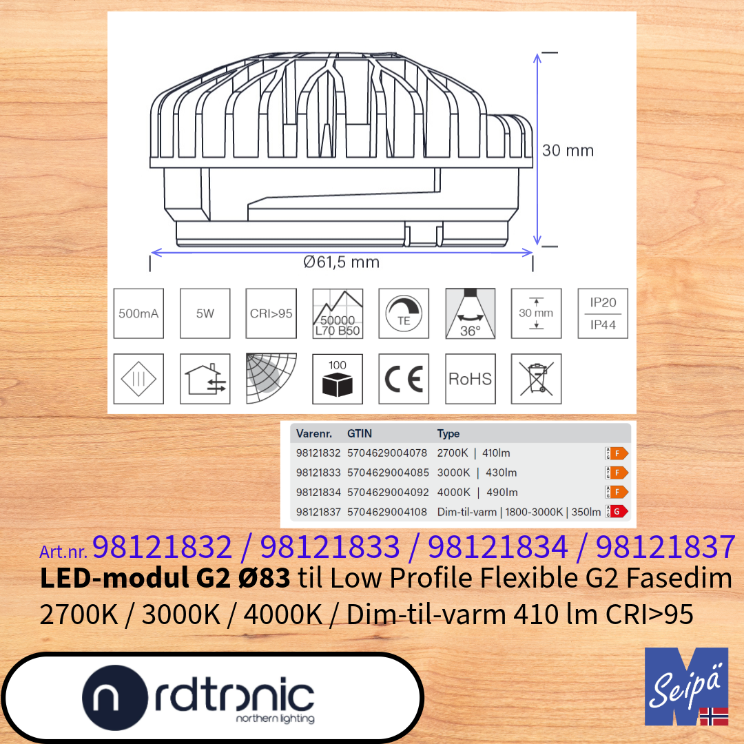 NORDTRONIC LED-lyskilde reserve DC 500mA 5W 36°, LED og 50.000 timer 7 års garanti Dim-til-varm 2700K 3000K 4000K DtV Art.nr. 98121832-98121833-98121834-98121837