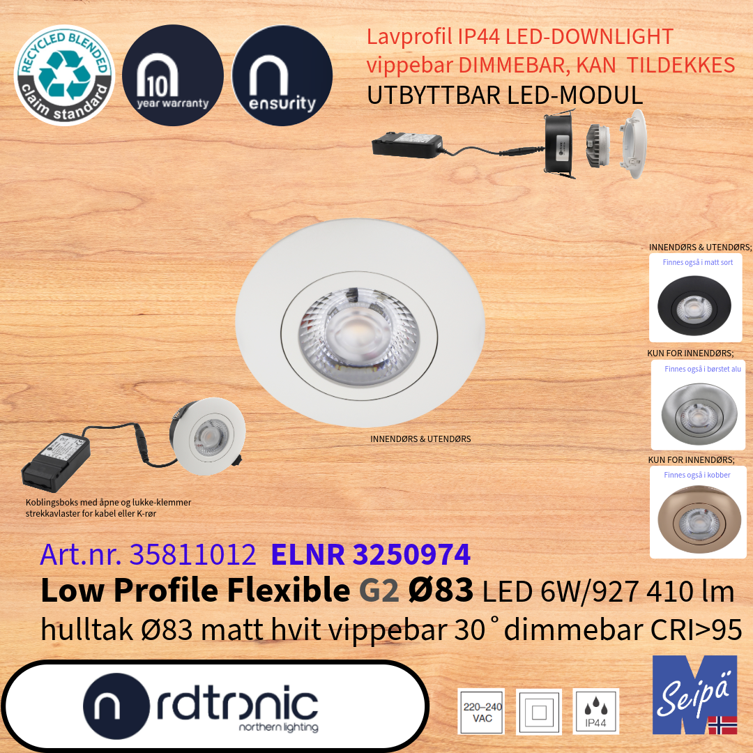 NORDTRONIC Low Profile Flexible G2 Ø83 Direktekoblet LED-Driver LED IP44 Art nr 35811012-35811094