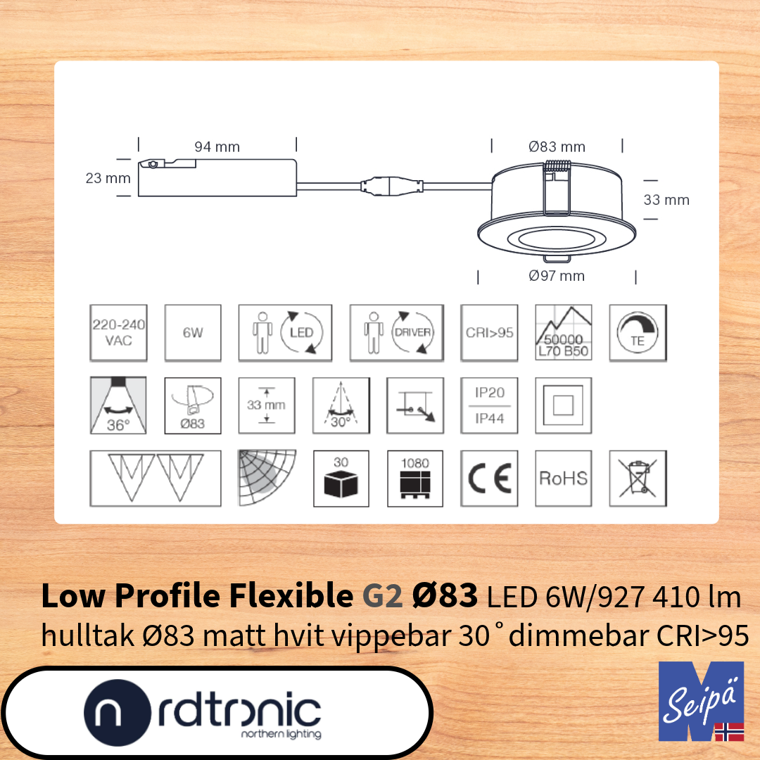 NORDTRONIC Low Profile Flexible G2 Ø83 Direktekoblet LED-Driver LED IP44 Art nr 35811012-35811094