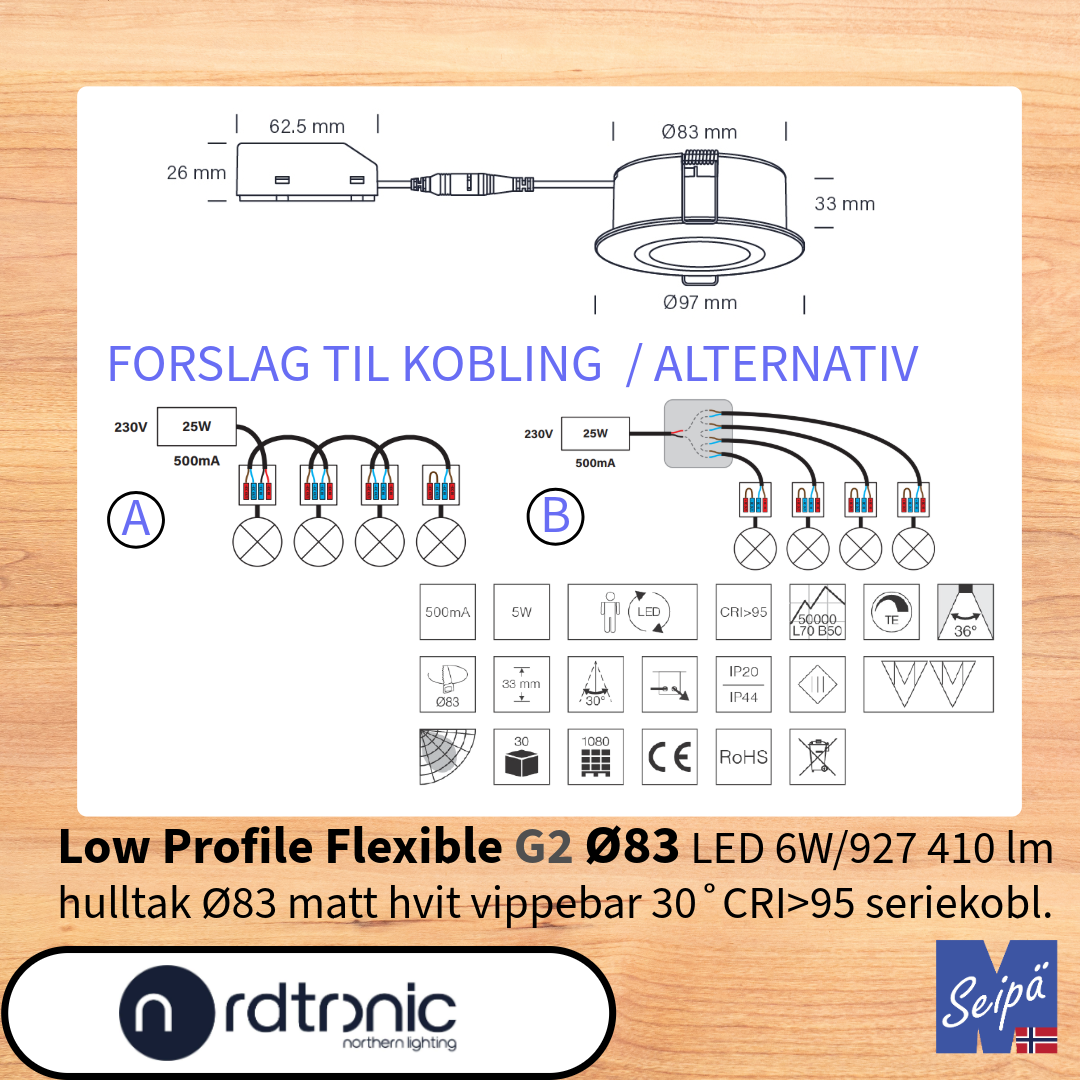 NORDTRONIC Low Profile Flexible G2 Ø83 for seriekobling LED IP44 Art nr 35812012-35812062