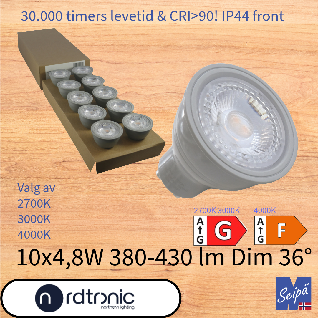 NORDTRONIC LED-lyskilde 10pk QPAR51 PAR16 grå GU10 36°, LED og 30.000 timer 2 års garanti 2700K 3000K 4000K Art.nr. 98111482-98111483-98111484
