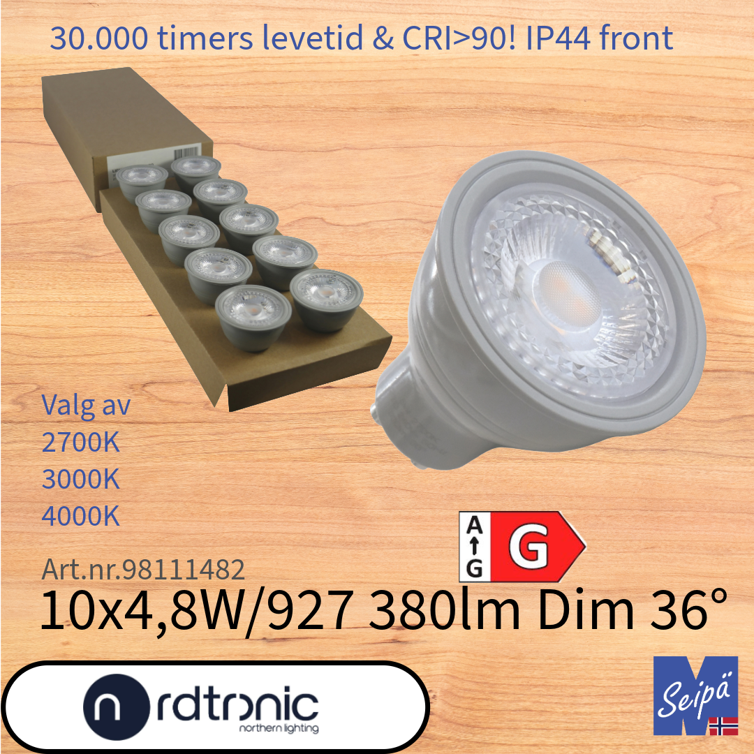 NORDTRONIC LED-lyskilde 10pk QPAR51 PAR16 grå GU10 36°, LED og 30.000 timer 2 års garanti 2700K 3000K 4000K Art.nr. 98111482-98111483-98111484