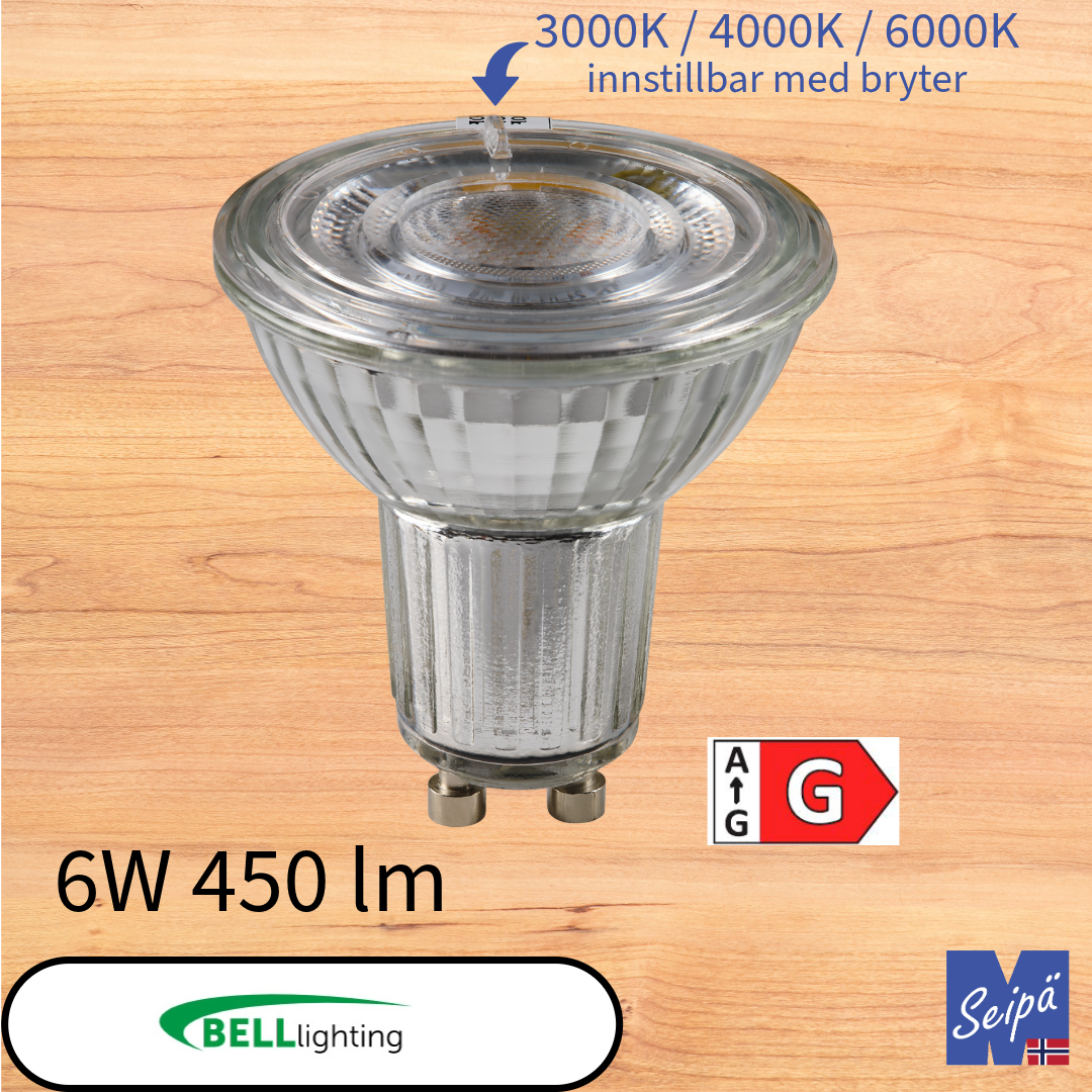 BELL LED-lyskilde QPAR51 PAR16 GU10 40° med CCT-bryter, LED og i glass 15.000 timer 3 års garanti Art.nr. 61035