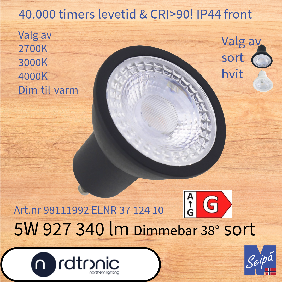 NORDTRONIC LED-lyskilde LONG LIFE QPAR51 PAR16 sort eller hvit GU10 38°, LED og 40.000 timer 5 års garanti Dim-til-varm 2700K 3000K 4000K Art.nr. 98111952-98111997