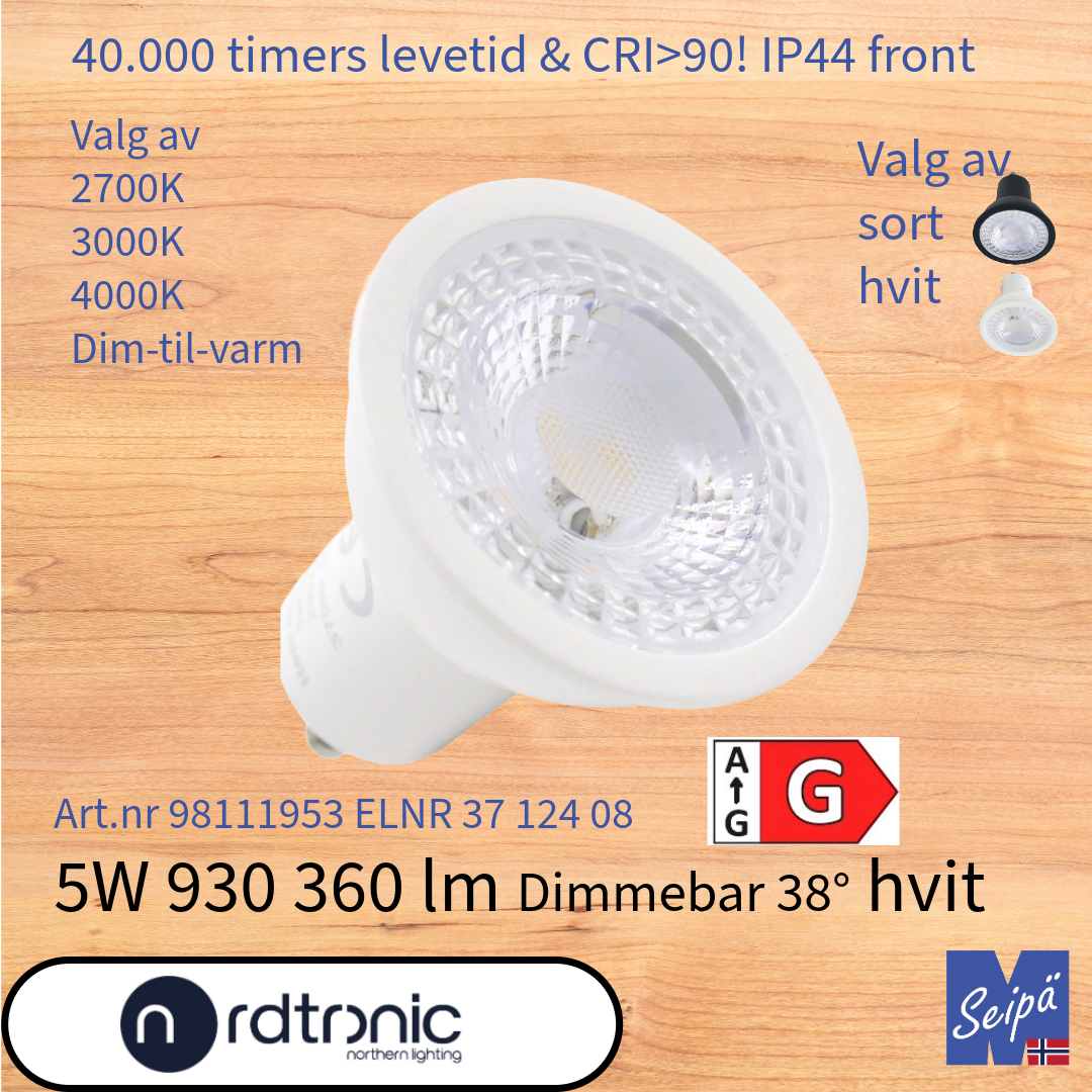 NORDTRONIC LED-lyskilde LONG LIFE QPAR51 PAR16 sort eller hvit GU10 38°, LED og 40.000 timer 5 års garanti Dim-til-varm 2700K 3000K 4000K Art.nr. 98111952-98111997