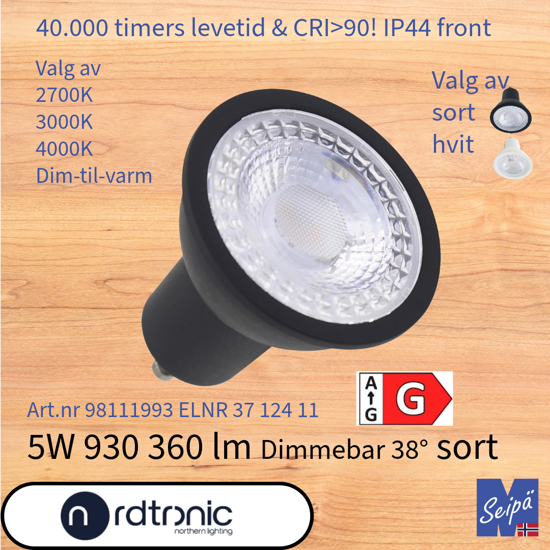 NORDTRONIC LED-lyskilde LONG LIFE QPAR51 PAR16 sort eller hvit GU10 38°, LED og 40.000 timer 5 års garanti Dim-til-varm 2700K 3000K 4000K Art.nr. 98111952-98111997
