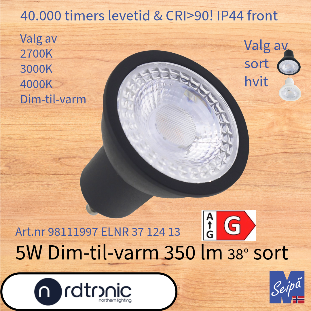 NORDTRONIC LED-lyskilde LONG LIFE QPAR51 PAR16 sort eller hvit GU10 38°, LED og 40.000 timer 5 års garanti Dim-til-varm 2700K 3000K 4000K Art.nr. 98111952-98111997