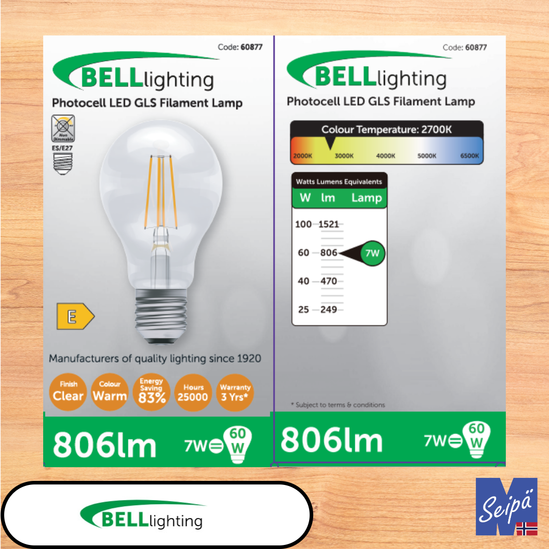 BELL LED-lyskilde 7W (=60W) 806 lumen med Fotocelle EEK=E med skrusokkel, filament LED og klart glass 25.000 timer 3 års garanti Art nr 60877