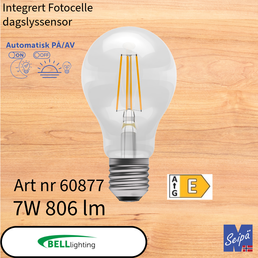 BELL LED-lyskilde 7W (=60W) 806 lumen med Fotocelle EEK=E med skrusokkel, filament LED og klart glass 25.000 timer 3 års garanti Art nr 60877