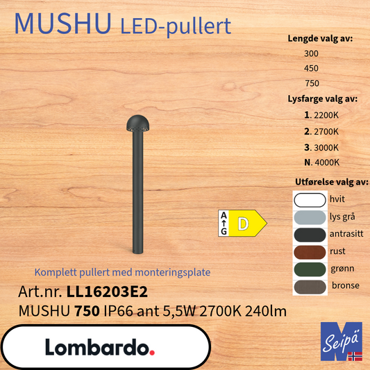 LOMBARDO LED-pullert MUSHU-serien 300 450 750 2200K 2700K 3000K 4000K med festebase