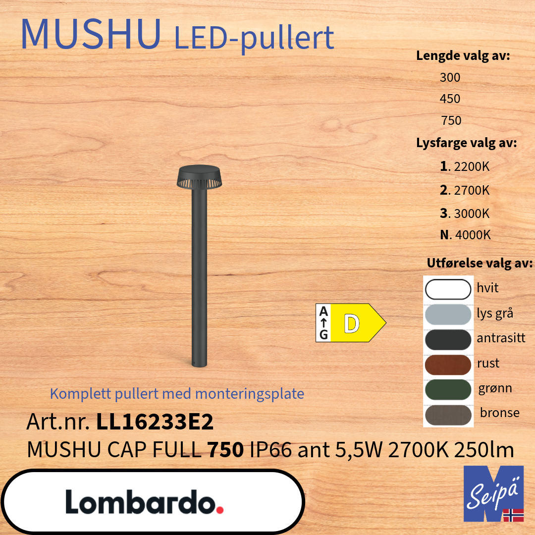 LOMBARDO LED-pullert MUSHU-serien 300 450 750 2200K 2700K 3000K 4000K med festebase