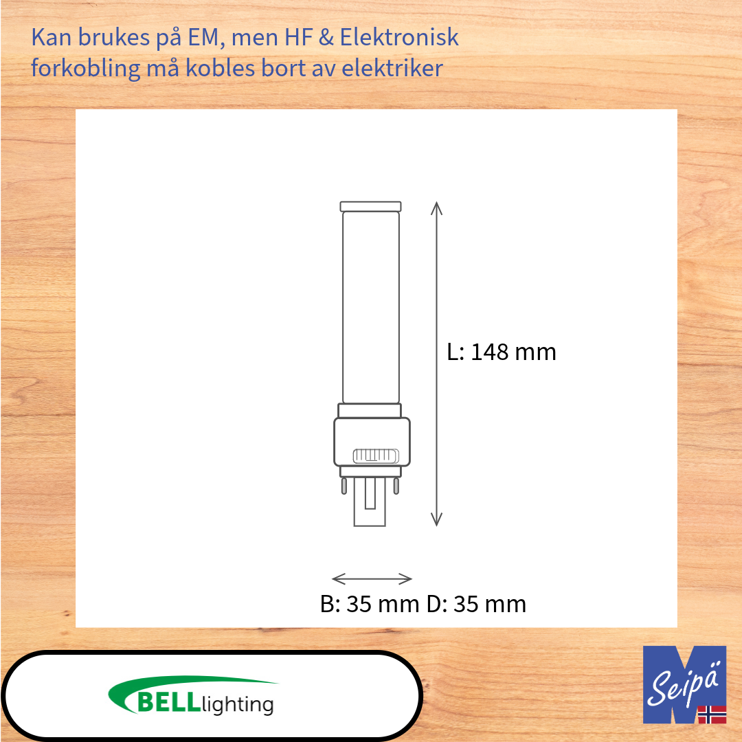 BELL LED-lyskilde PL-kompaktlysrør erstatning (DULUX) BLS BLD BLT BLL 2-rørs G23 & 2G11, 4-rørs G24d/q 6-rørs GX24d/q, 2-pin, 4-pin, CCT innstillbar lysfarge 3000K/4000K/6000K  LED og i termoplast 30.000 timer 5 års garanti
