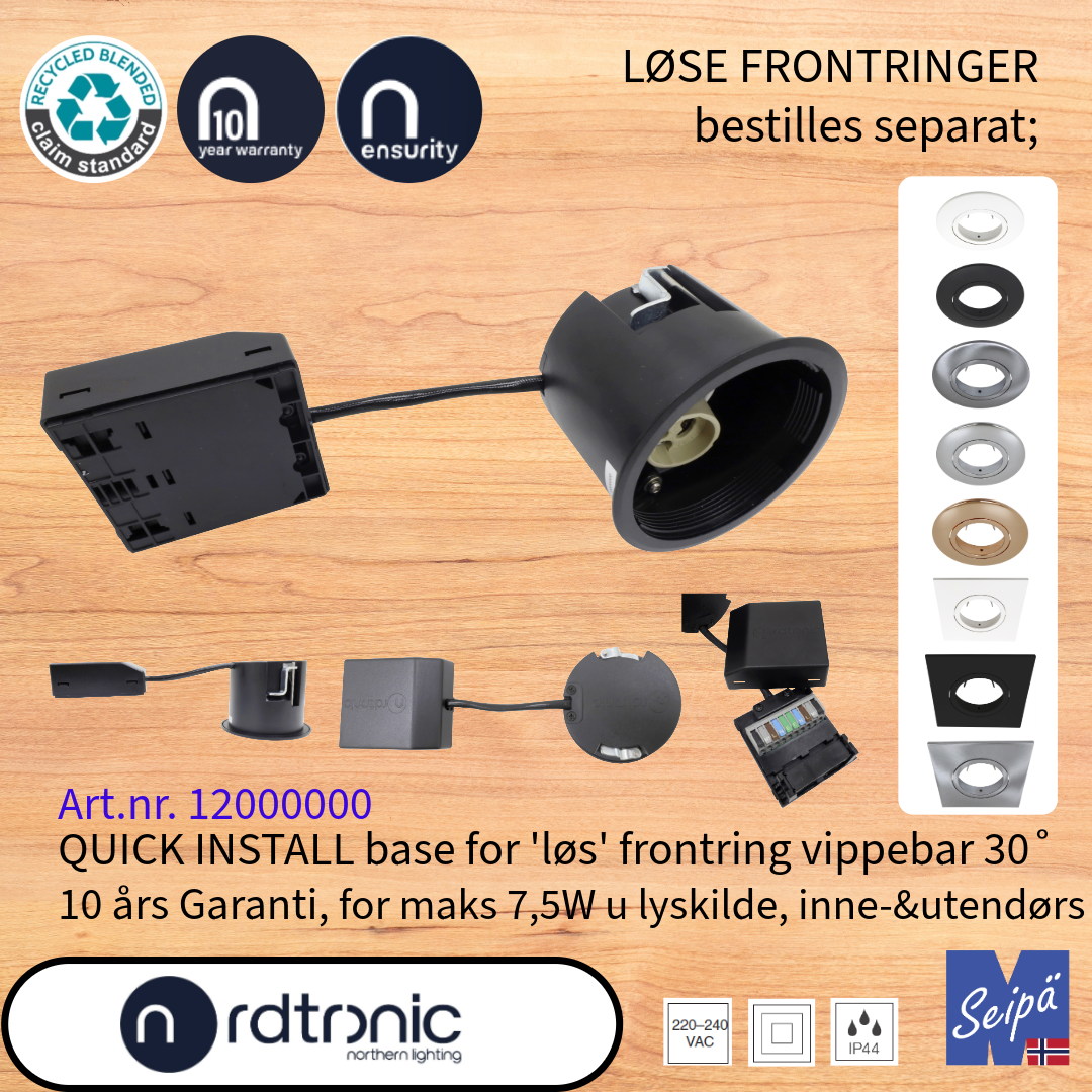 NORDTRONIC QUICK INSTALL G2 GU10 uten LED-lyskilde uten frontring Art nr 12000000