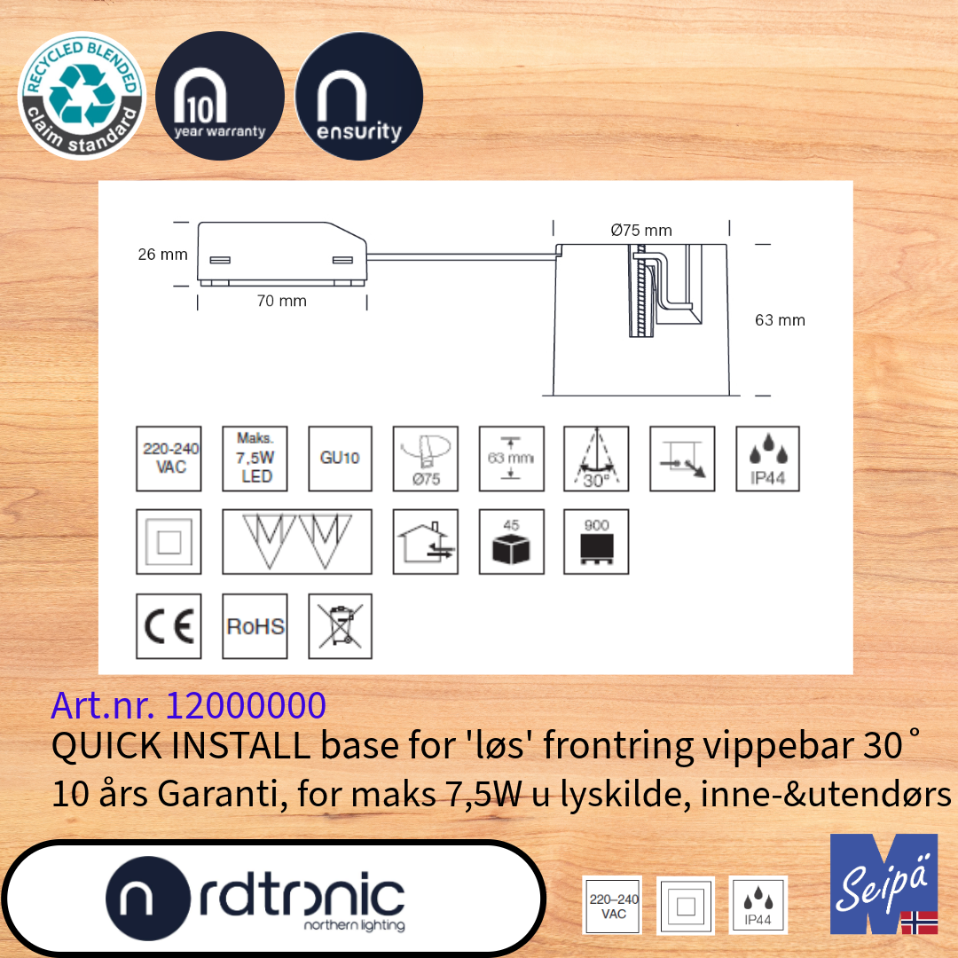 NORDTRONIC QUICK INSTALL G2 GU10 uten LED-lyskilde uten frontring Art nr 12000000