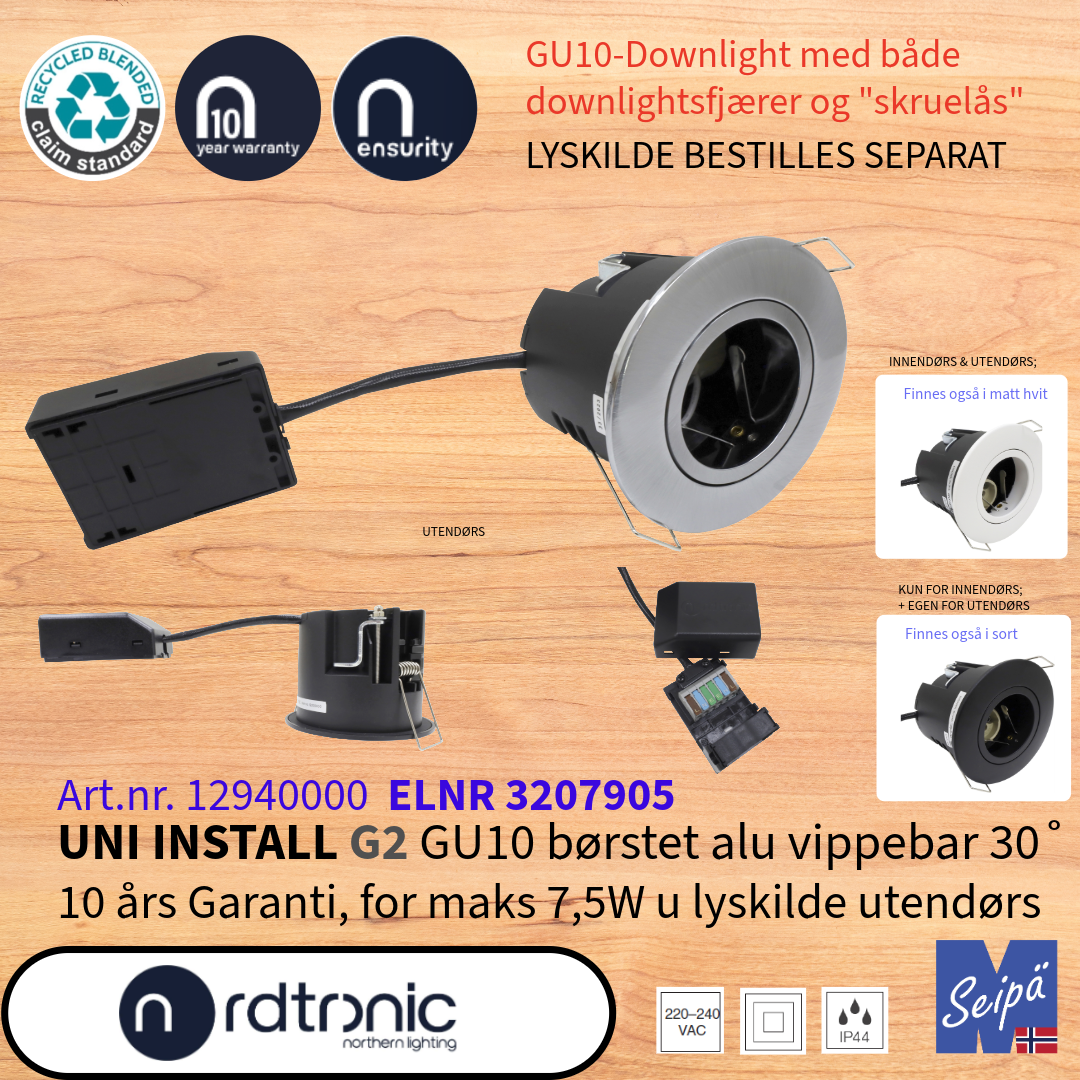 NORDTRONIC UNI INSTALL G2 GU10 uten LED-lyskilder LED Art nr 12210000-12300000-12220000-12940000