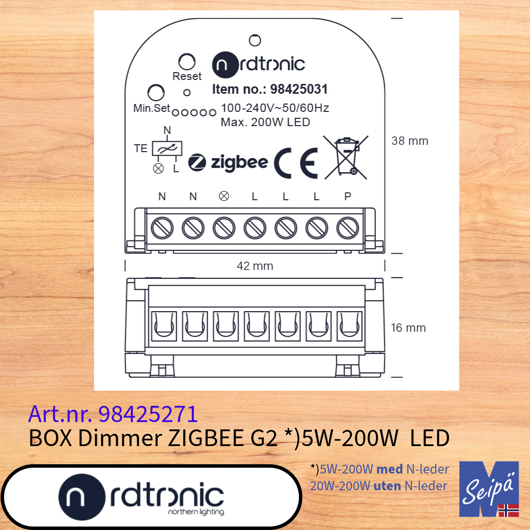 NORDTRONIC ZIGBEE Box Dimmer G2 for veggboks 5W-200W LED for plassering bak bryter Art nr 98425271