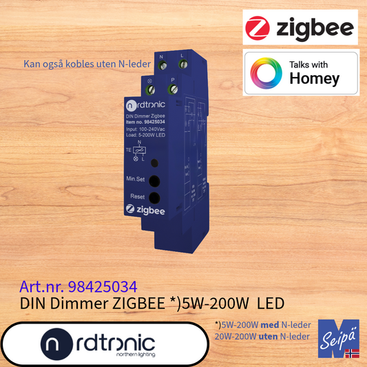 NORDTRONIC ZIGBEE LED-Dimmer for DIN-skinne 5W-200W LED for plassering i sikringsskap Art nr 98425034