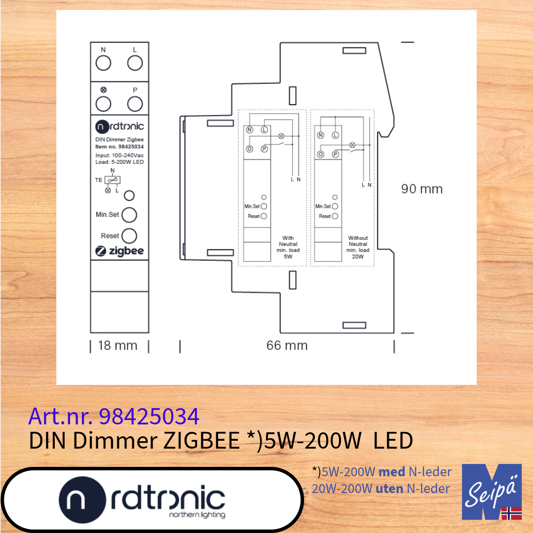NORDTRONIC ZIGBEE LED-Dimmer for DIN-skinne 5W-200W LED for plassering i sikringsskap Art nr 98425034