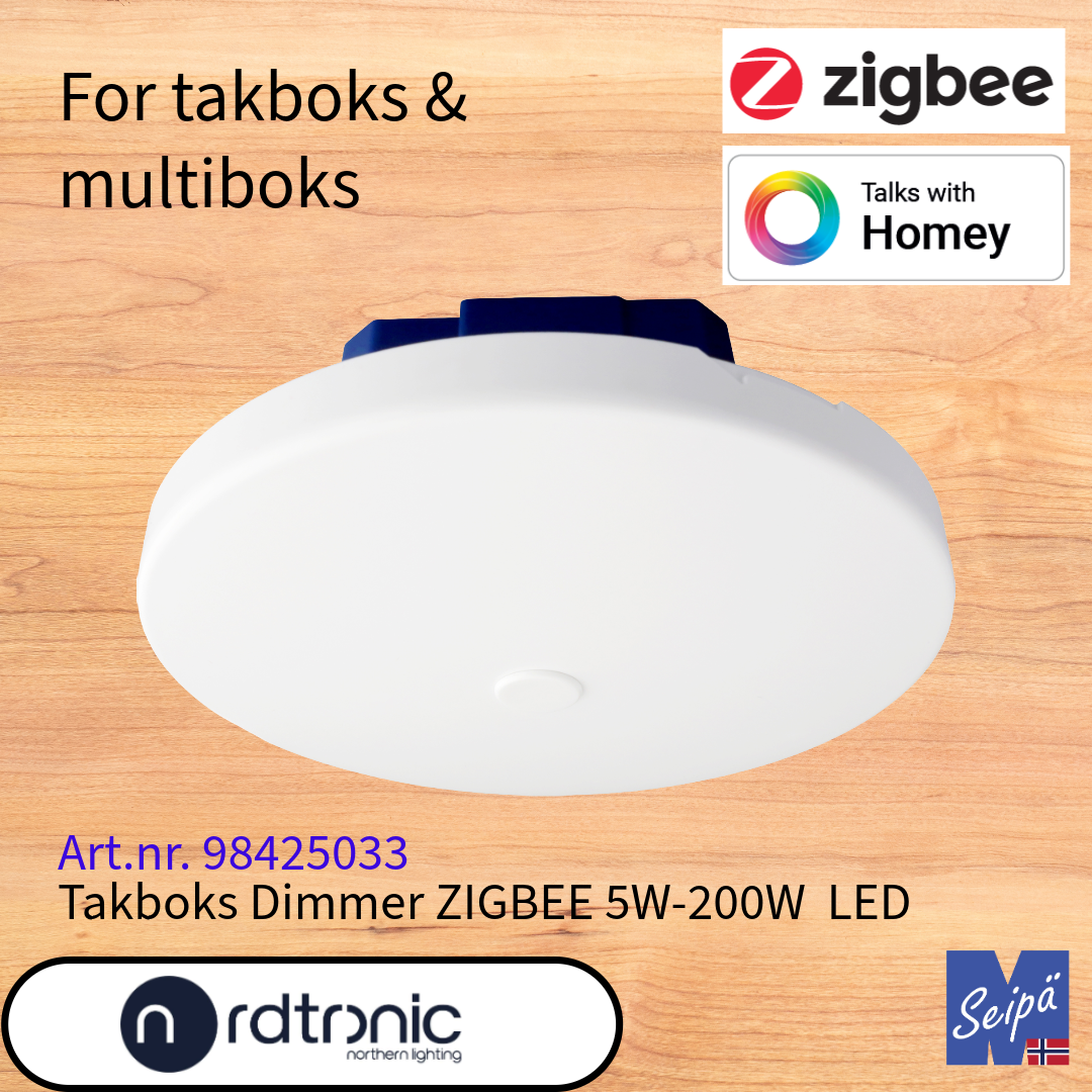 NORDTRONIC ZIGBEE LED-Dimmer for takboks multiboks 5W-200W LED for plassering på tak/veggboks Art nr 98425033