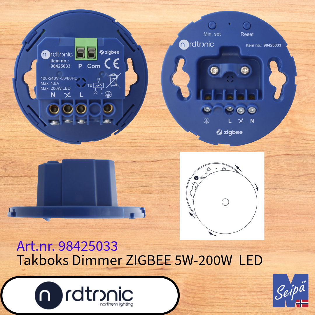 NORDTRONIC ZIGBEE LED-Dimmer for takboks multiboks 5W-200W LED for plassering på tak/veggboks Art nr 98425033