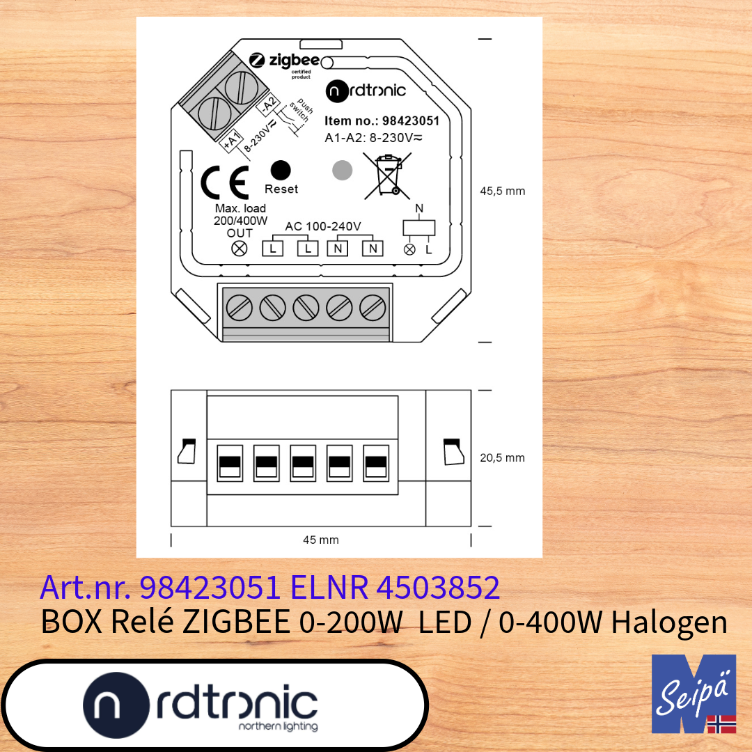 NORDTRONIC ZIGBEE Box Relé for veggboks 200W LED for plassering bak bryter Art nr 98423051